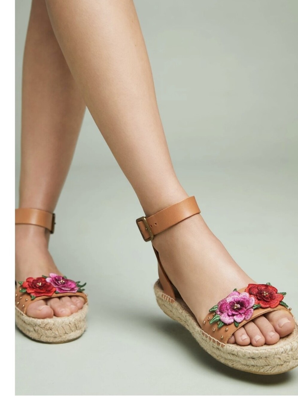 Soludos X Anthropologie Tan Espadrille Sandals with Floral Appliqué  Sz.8